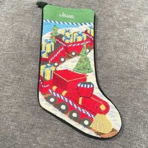 Festive Christmas Stocking Toy Train Needlepoint Monogrammed Jason
